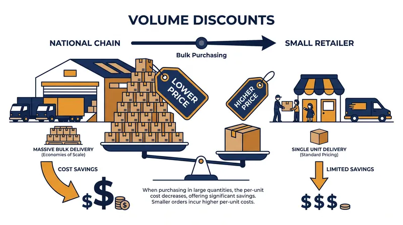 The FTC alleges that massive volume discounts are functionally inaccessible to small retailers who lack the space or capital to buy in bulk.