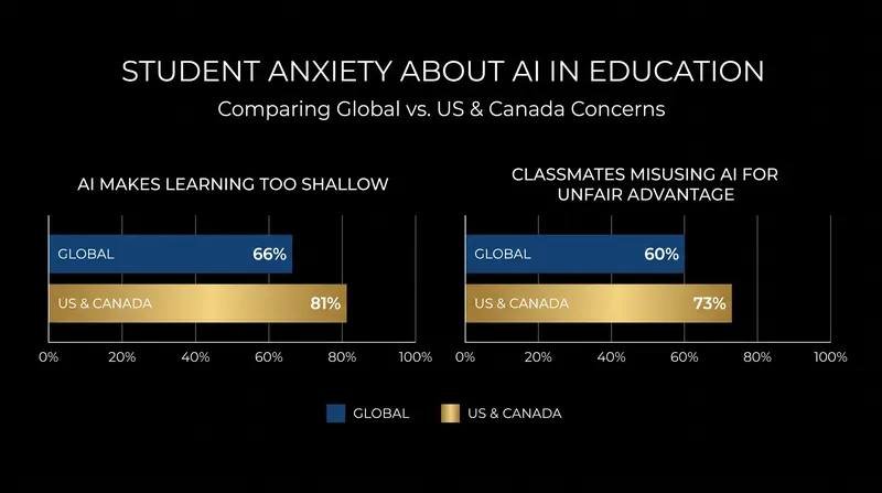 Students in the US and Canada report higher levels of anxiety regarding AI's impact on learning and fairness.