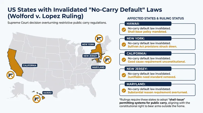 States whose 'no-carry default' laws are effectively invalidated by the ruling.