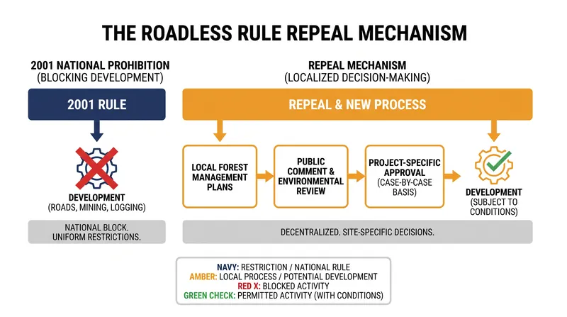 How the repeal shifts decision-making power from a national mandate to localized forest management.