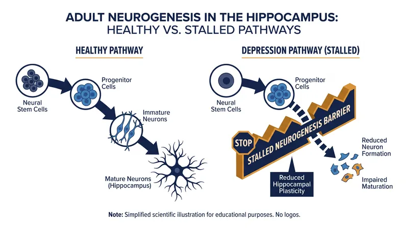 In major depressive disorder, new neurons begin to form but fail to reach full maturity.