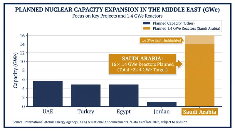 Saudi Arabia plans to construct multiple 1.4 gigawatt power reactors to diversify its energy grid.