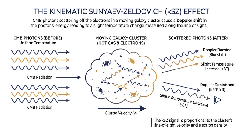 The kinematic Sunyaev-Zeldovich effect allows astronomers to measure the velocity of galaxy clusters by observing temperature shifts in the cosmic microwave background.