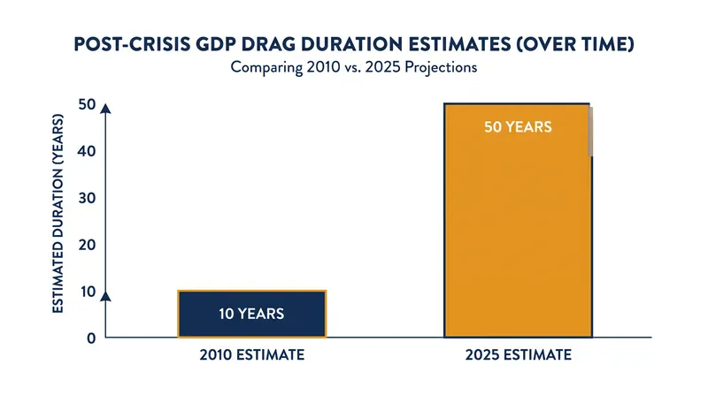 The recognized duration of macroeconomic drag following a financial crisis has expanded by a factor of five.