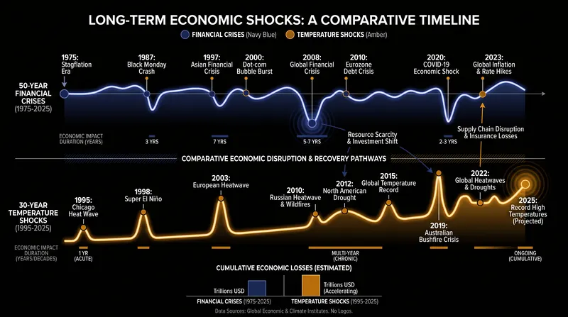 Both financial crises and temperature shocks predict statistically detectable GDP contractions decades into the future.