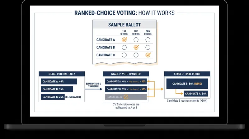 How Ranked-Choice Voting transfers votes to ensure a majority winner.