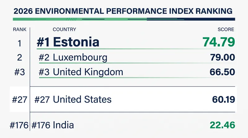 Estonia claimed the top spot in the 2026 EPI, while the United States ranked 27th and India placed near the bottom.