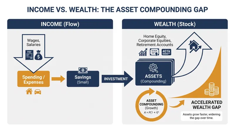 The divergence between wage growth and asset compounding is the primary mathematical driver of the wealth gap.