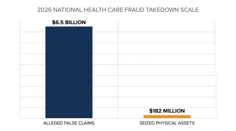 The 2026 enforcement action targeted billions in false claims while seizing millions in physical assets.