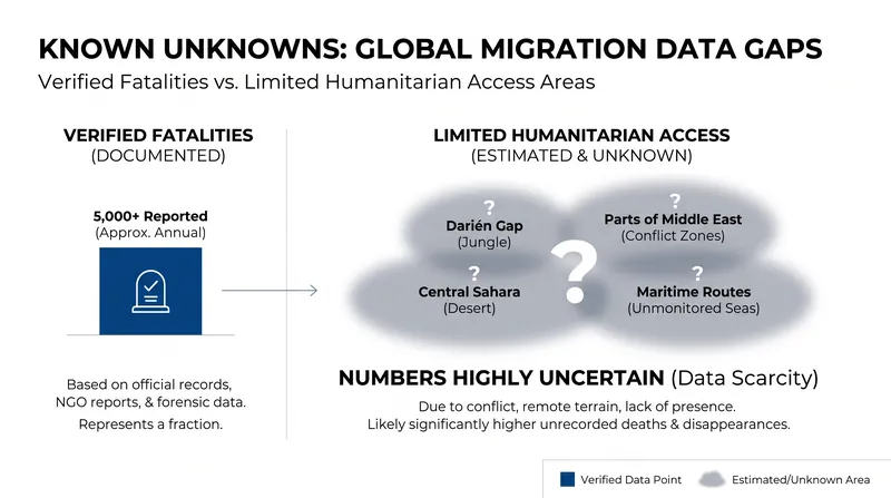 Data gaps and shrinking humanitarian access limit the tracking of global migration fatalities.