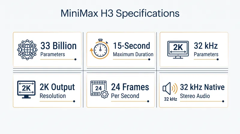 Key specifications for the MiniMax H3 omni-modal generation model.