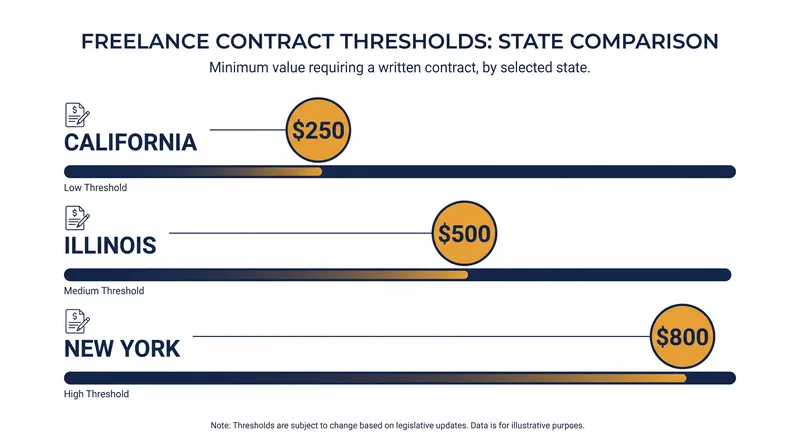 California's $250 threshold is the lowest among states with mandatory freelance contract laws.