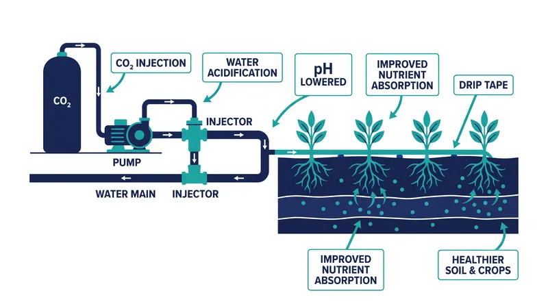 Injecting synthetic carbon dioxide into irrigation water safely lowers alkalinity without harsh acids.