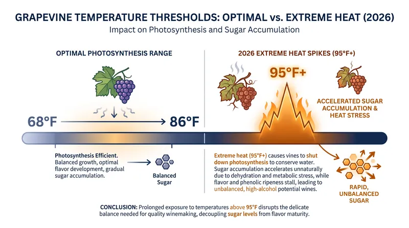 How extreme heat pushes grapevines past their photosynthetic sweet spot, accelerating sugar accumulation.