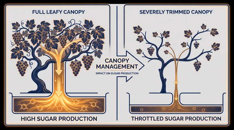 By intentionally trimming leaves, viticulturists can throttle a vine's sugar production and delay ripening.