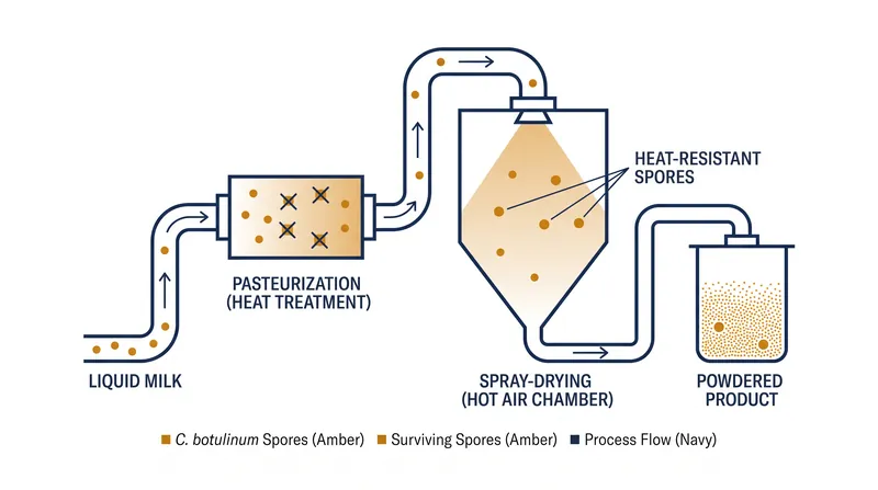 Unlike other pathogens, botulinum spores can survive the intense heat of standard spray-drying processes.