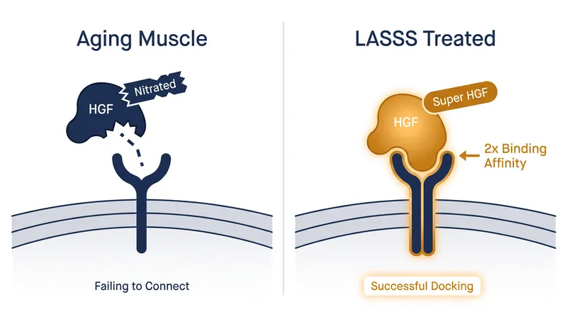 LASSS not only prevents chemical damage to the HGF protein but also doubles its ability to bind to muscle repair receptors.