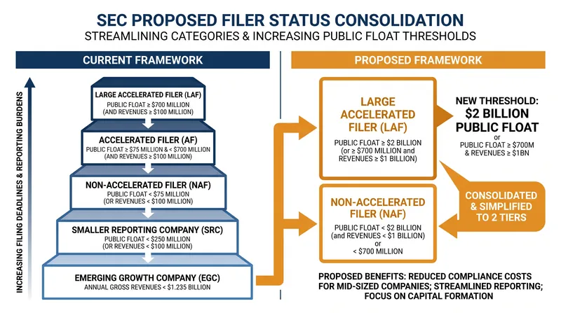 The proposal consolidates five filer categories into two, raising the Large Accelerated Filer threshold to $2 billion.