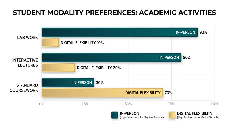Students increasingly prefer physical campus environments for high-stakes or hands-on activities, while demanding digital delivery for routine tasks.