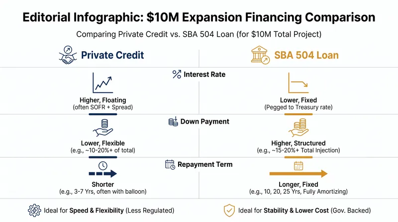 SBA financing offers significantly lower blended rates and longer terms compared to private credit alternatives.
