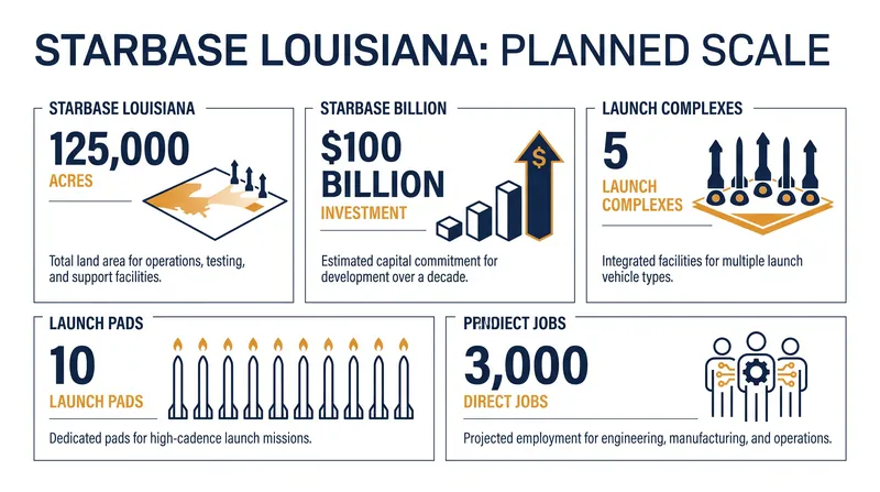 The Vermilion Parish facility is designed to dwarf SpaceX's existing launch sites in Texas and Florida.