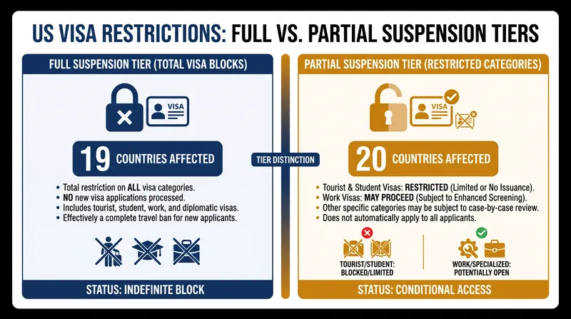 The proclamation divides affected nations into two distinct categories, dictating which visa types are suspended.