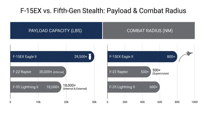 The F-15EX operates as a 'weapons truck,' carrying significantly more ordnance than stealth fighters.