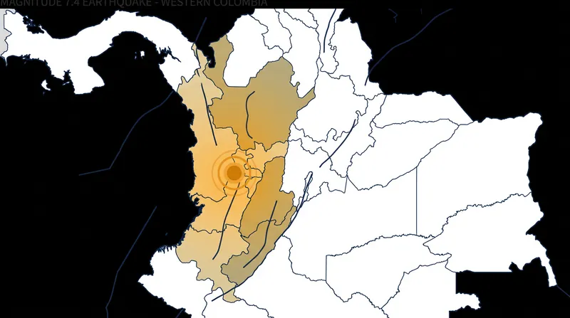 The magnitude 7.4 earthquake struck at an intermediate depth, causing severe shaking across 15 Colombian departments.