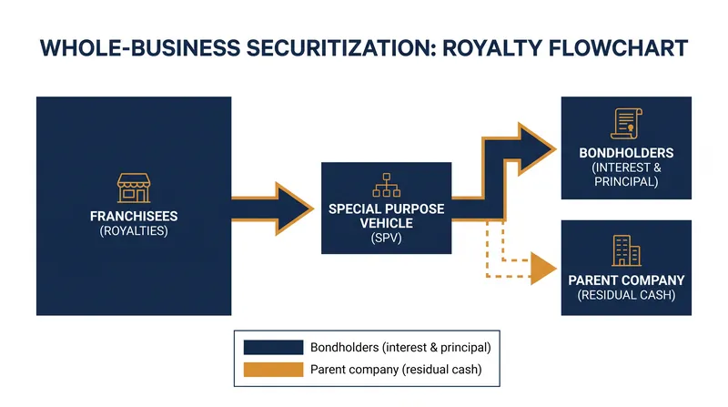 Whole-business securitization isolates revenue streams to protect bondholders, but can leave the parent company starved for operating cash.