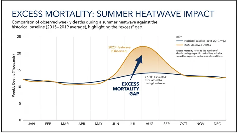 Excess mortality is calculated by comparing current death rates against historical baselines.