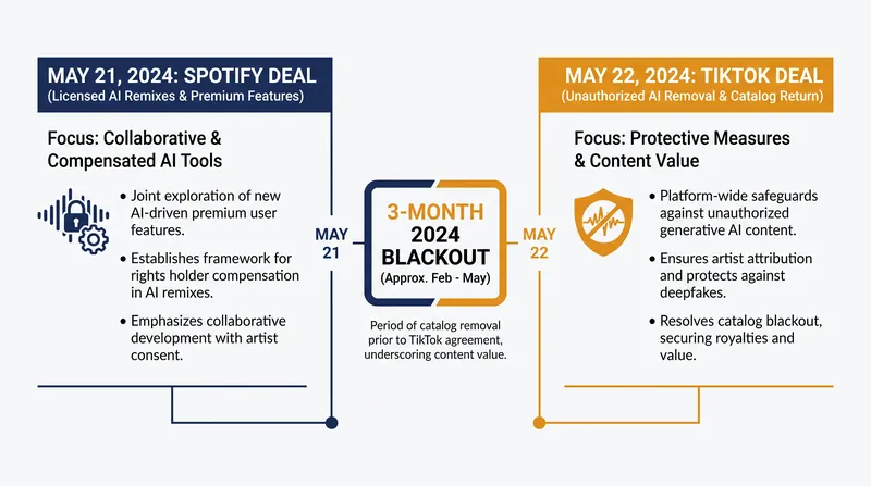 The music industry is testing two distinct models for AI: strict prohibition on open networks, and licensed monetization behind paywalls.