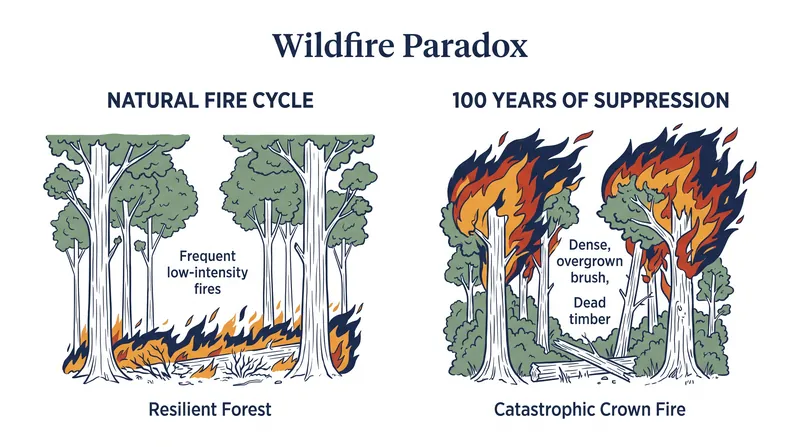 The Wildfire Paradox: Suppressing all fires allows fuel to accumulate, guaranteeing that the fires that do escape become uncontrollable.