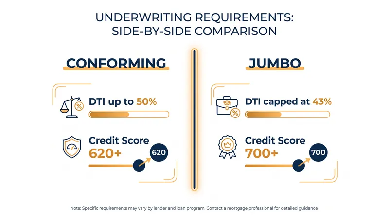 Jumbo lenders enforce significantly stricter debt and credit requirements because they hold the loan risk directly.