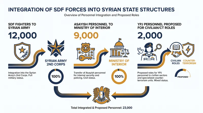 The structural breakdown of the Syrian Democratic Forces' integration into Damascus state institutions.