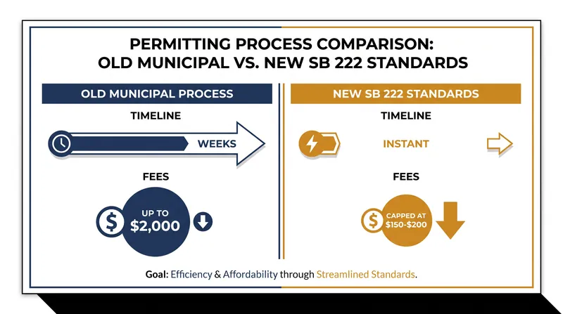 The legislation caps permit fees and mandates instant online approvals by 2028.