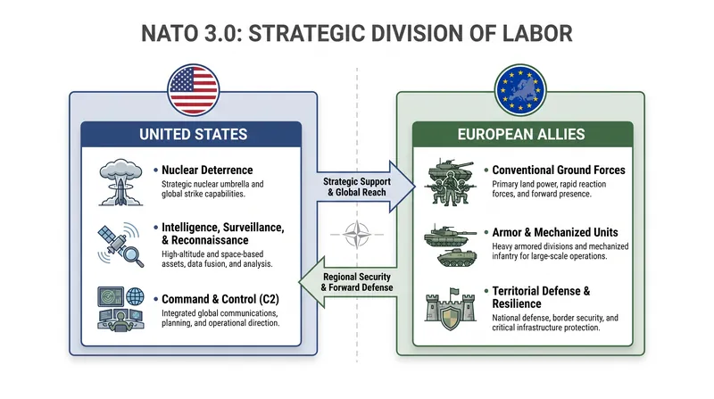 Under the new framework, the U.S. provides the nuclear umbrella while Europe supplies conventional ground forces.