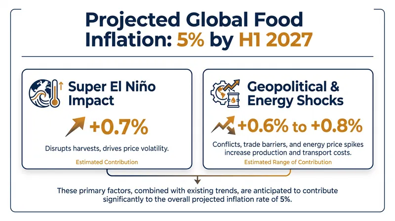 The combined impact of weather and geopolitical shocks is expected to push global food inflation to 5% by early 2027.