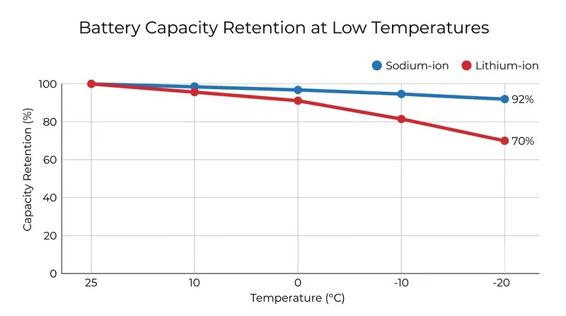 Sodium-ion chemistry exhibits significantly less capacity degradation in sub-zero temperatures.
