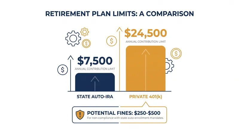 Private 401(k)s offer significantly higher contribution limits than state-mandated auto-IRAs.