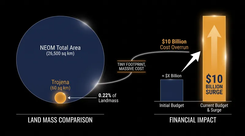 Despite its small footprint relative to the broader NEOM project, Trojena's complex alpine infrastructure drove massive cost overruns.