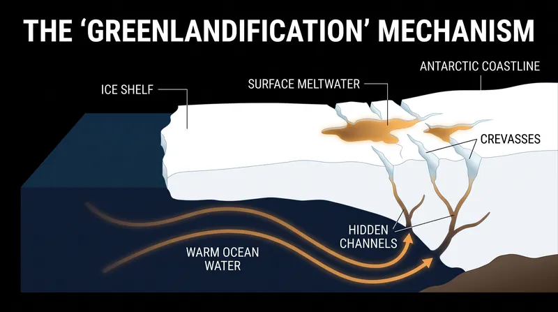 Warm ocean currents hollow out ice shelves from below, while surface meltwater drives fractures from above.