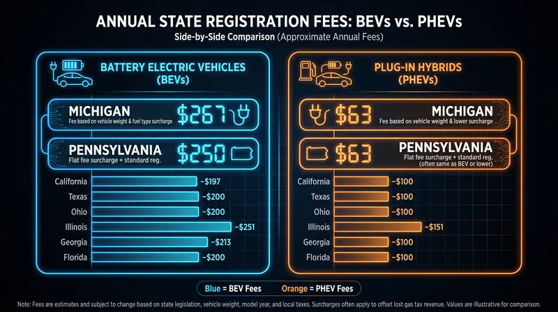 Many states levy significantly lower annual registration fees on plug-in hybrids compared to pure battery-electric vehicles.