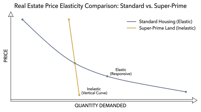 Unlike standard housing, the supply of ultra-prime land is permanently fixed, driving price elasticity toward zero.