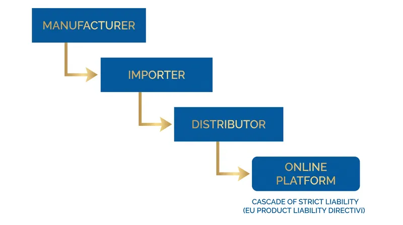 Liability cascades down the supply chain to ensure consumers always have a reachable target within the EU.