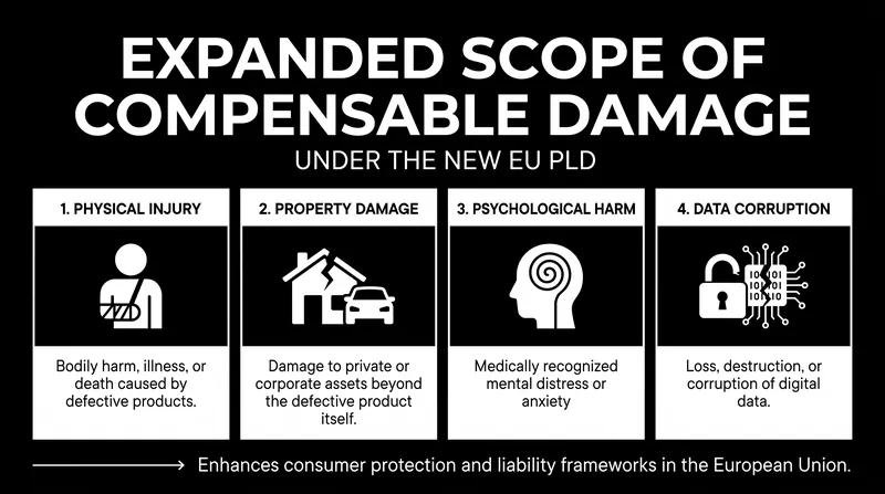 The new directive expands compensable harm beyond physical injury to include data corruption and psychological damage.