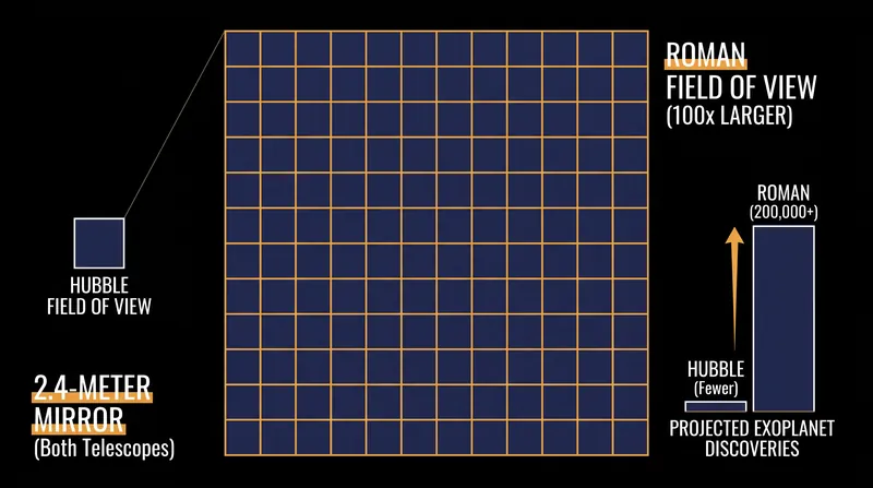 Roman features the same size mirror as Hubble but captures a field of view 100 times larger.