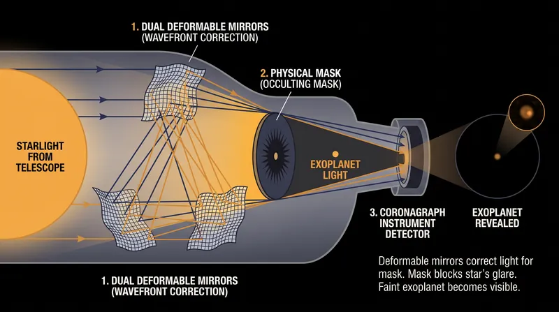 The experimental Coronagraph Instrument uses deformable mirrors to block starlight, revealing faint exoplanets.