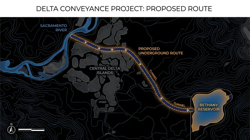 The proposed 45-mile tunnel would bypass the central Delta, moving water directly to the Bethany Reservoir.