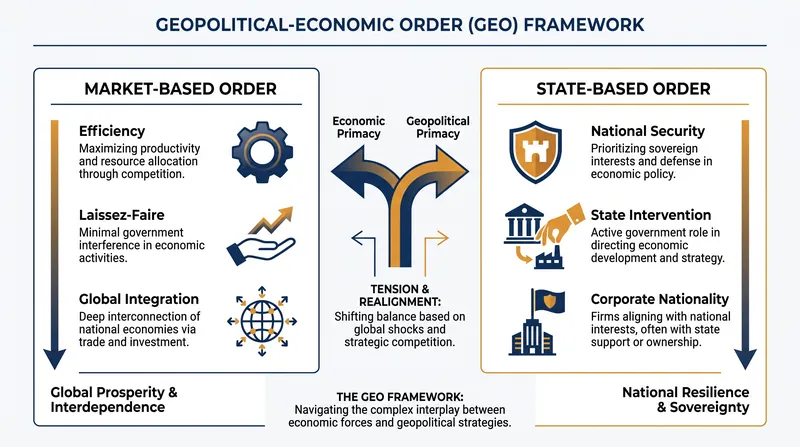 The Geopolitical-Economic Order framework highlights the shifting sources of competitive advantage for multinational enterprises.