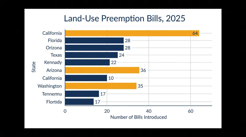 California, Arizona, and Washington led the nation in proposed legislation to preempt local land-use authority in 2025.